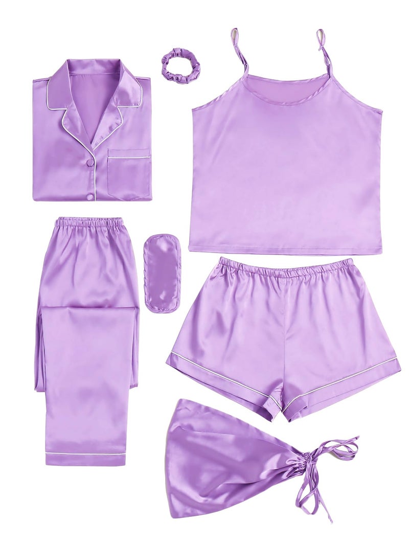 LYANER Women's Pajamas Set 7pcs Silk Satin Sleepwear Loungewear Cami Shirt Pj Set Purple Medium - Image 1